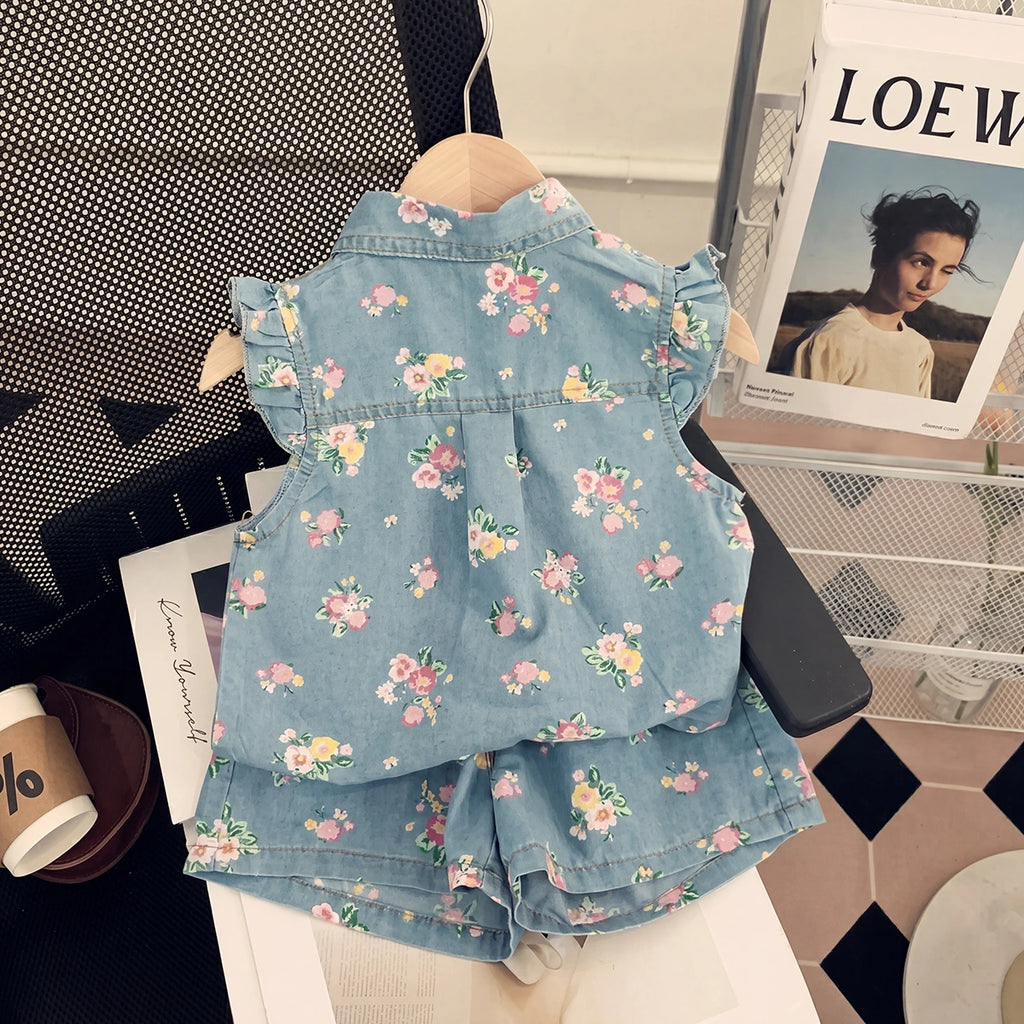 Girls Light Blue Floral Print Top With Elasticated Shorts Sets 2 pc. Sets