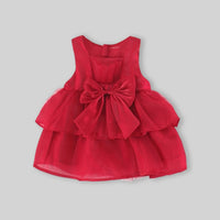 Girls Red Solid Bow Applique Sleeveless Fit And Flare Dress Casual Dresses