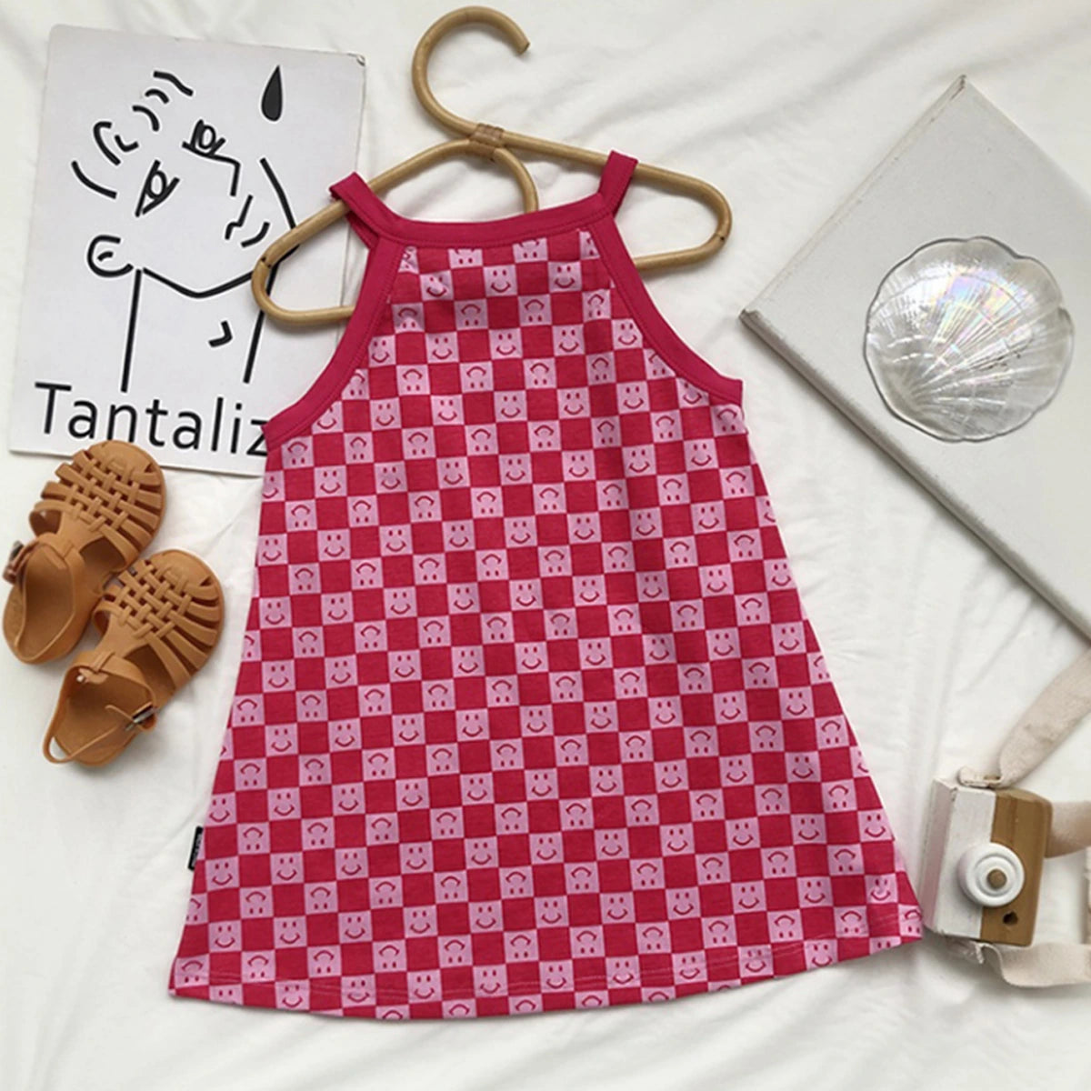 Girls Red Smiley Printed Sleeveless A-Line Dress Casual Dresses