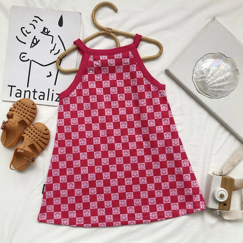 Girls Red Smiley Printed Sleeveless A-Line Dress Casual Dresses
