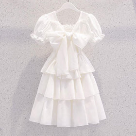 Girls Puff Sleeves Elasticated Smocking Tiered Dress Casual Dresses   