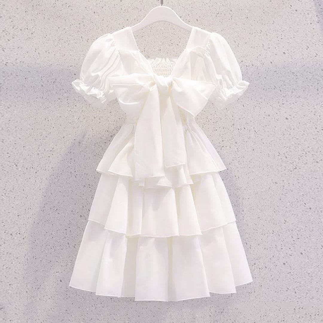 Girls Puff Sleeves Elasticated Smocking Tiered Dress Casual Dresses   