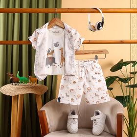 Boys White Animal Printed Shirt With Printed T-Shirt and Shorts Sets Sets White 6-12 M
