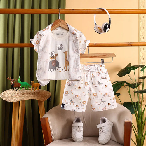 Boys White Animal Printed Shirt With Printed T-Shirt and Shorts Sets Sets White 6-12 M