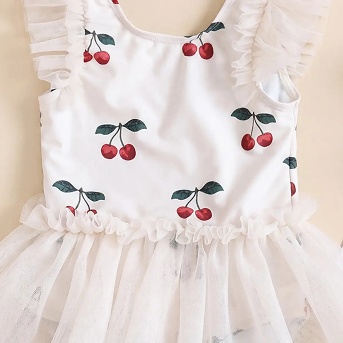 Girls White Cherry Printed Round Neck Fit & Flare Dress Casual Dresses