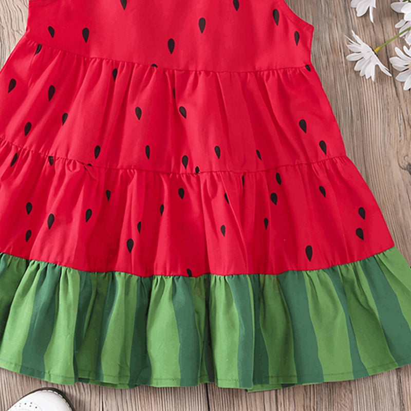 Girls Red Watermelon Print Sleeveless Tiered Dress Casual Dresses