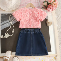Girls Pink 3D Rose Flower Applique Top With Denim Skirt Sets Sets
