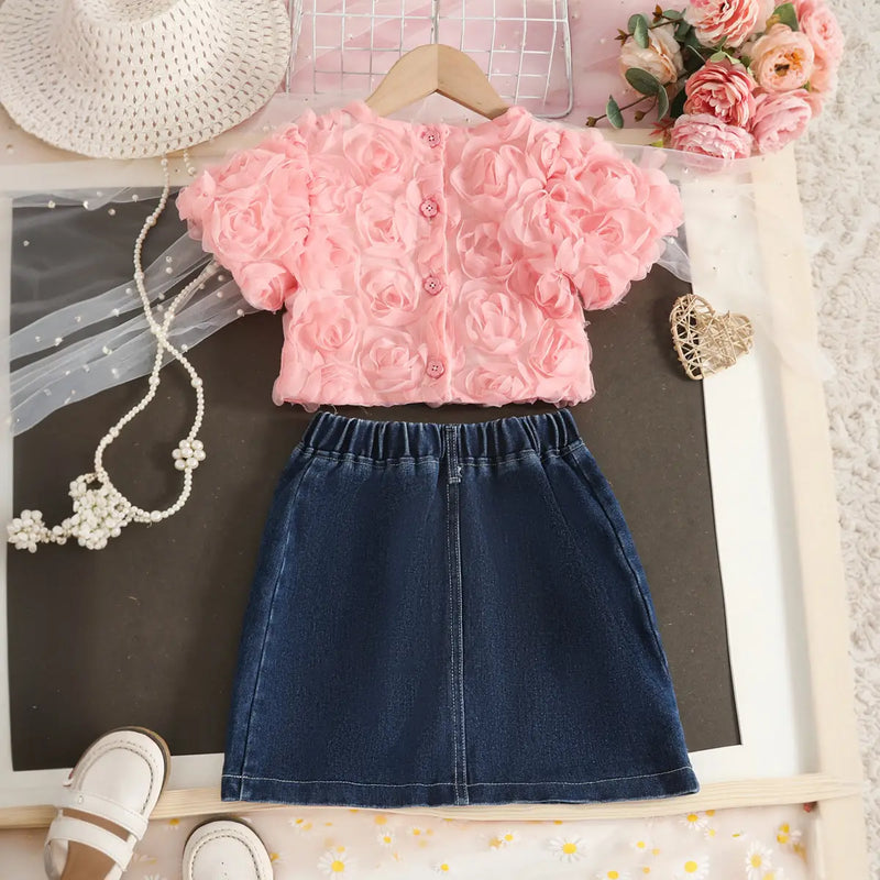 Girls Pink 3D Rose Flower Applique Top With Denim Skirt Sets Sets