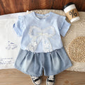 Girls Sky Blue Bow Applique Flutter Sleeve Top With Denim Shorts Sets 2 pc. Sets Sky Blue 1-2 Y