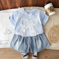 Girls Sky Blue Bow Applique Flutter Sleeve Top With Denim Shorts Sets 2 pc. Sets Sky Blue 1-2 Y