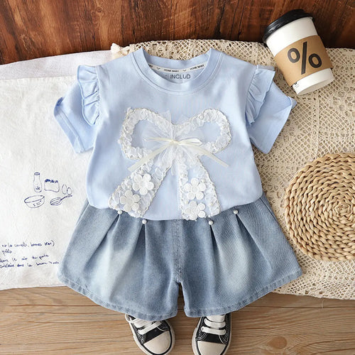 Girls Sky Blue Bow Applique Flutter Sleeve Top With Denim Shorts Sets 2 pc. Sets Sky Blue 1-2 Y