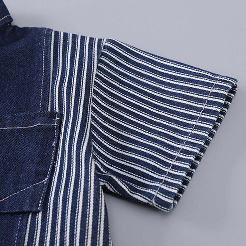 Boys Dark Blue Striped Denim Shirt And Shorts set 2 pc. Sets