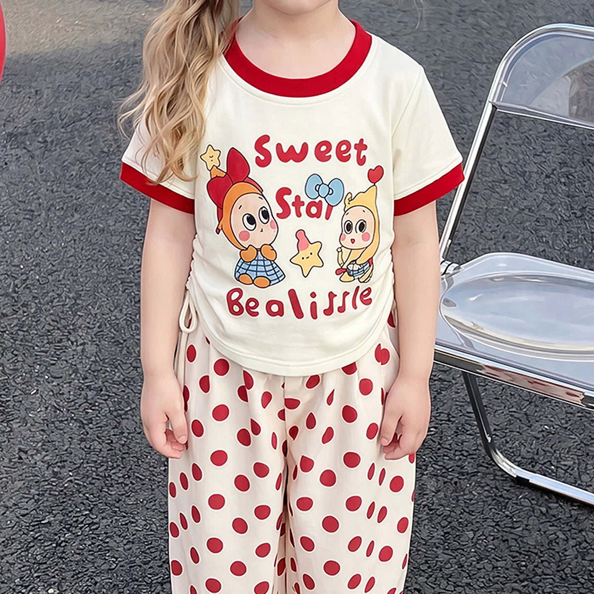 Girls Red Typography Print Short Sleeve T-Shirt With Polka Dot Pants Sets 2 pc. Sets