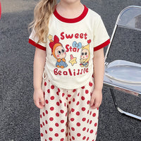Girls Red Typography Print Short Sleeve T-Shirt With Polka Dot Pants Sets 2 pc. Sets