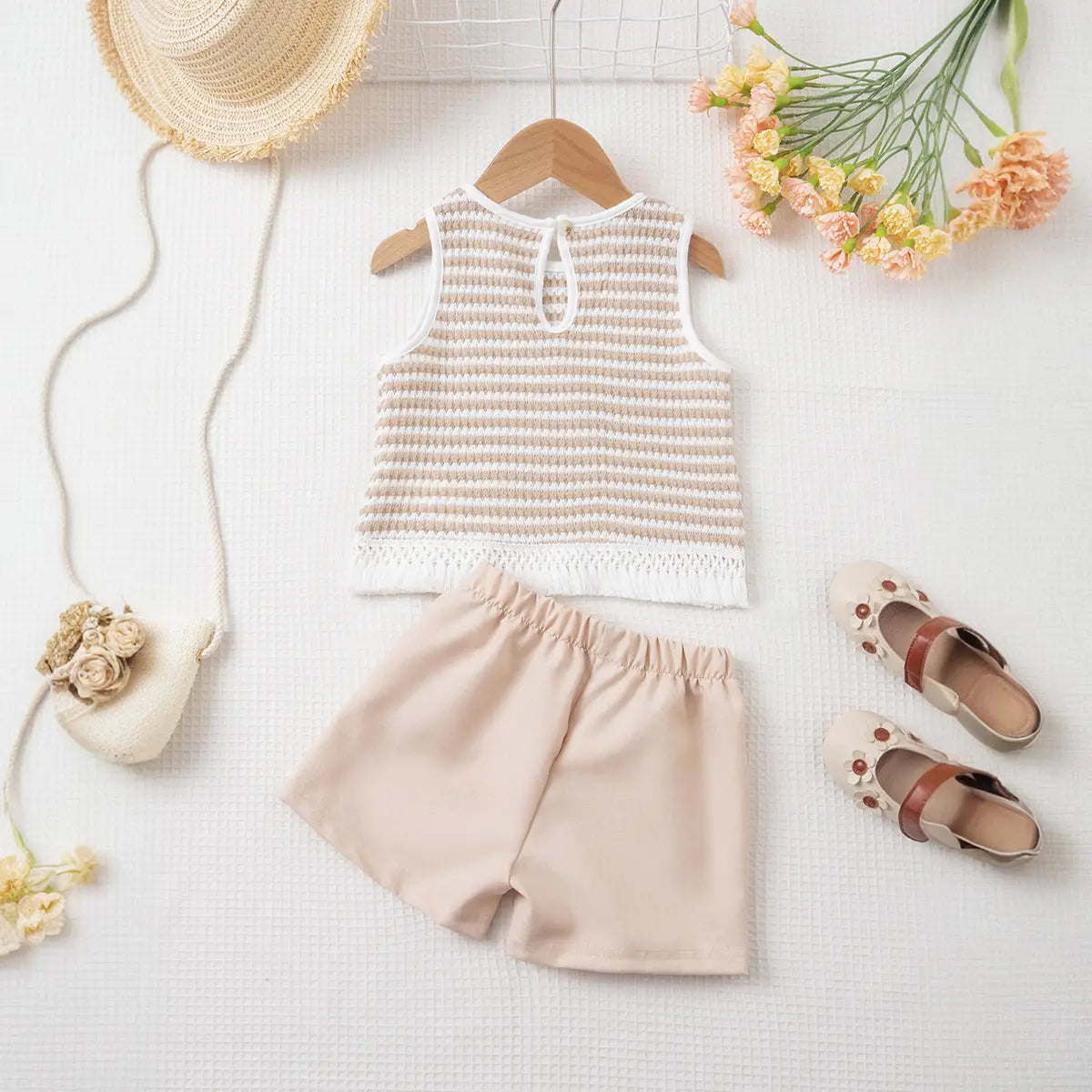 Girls Beige Self Design Stripes Sleeveless Top With Shorts Set Sets