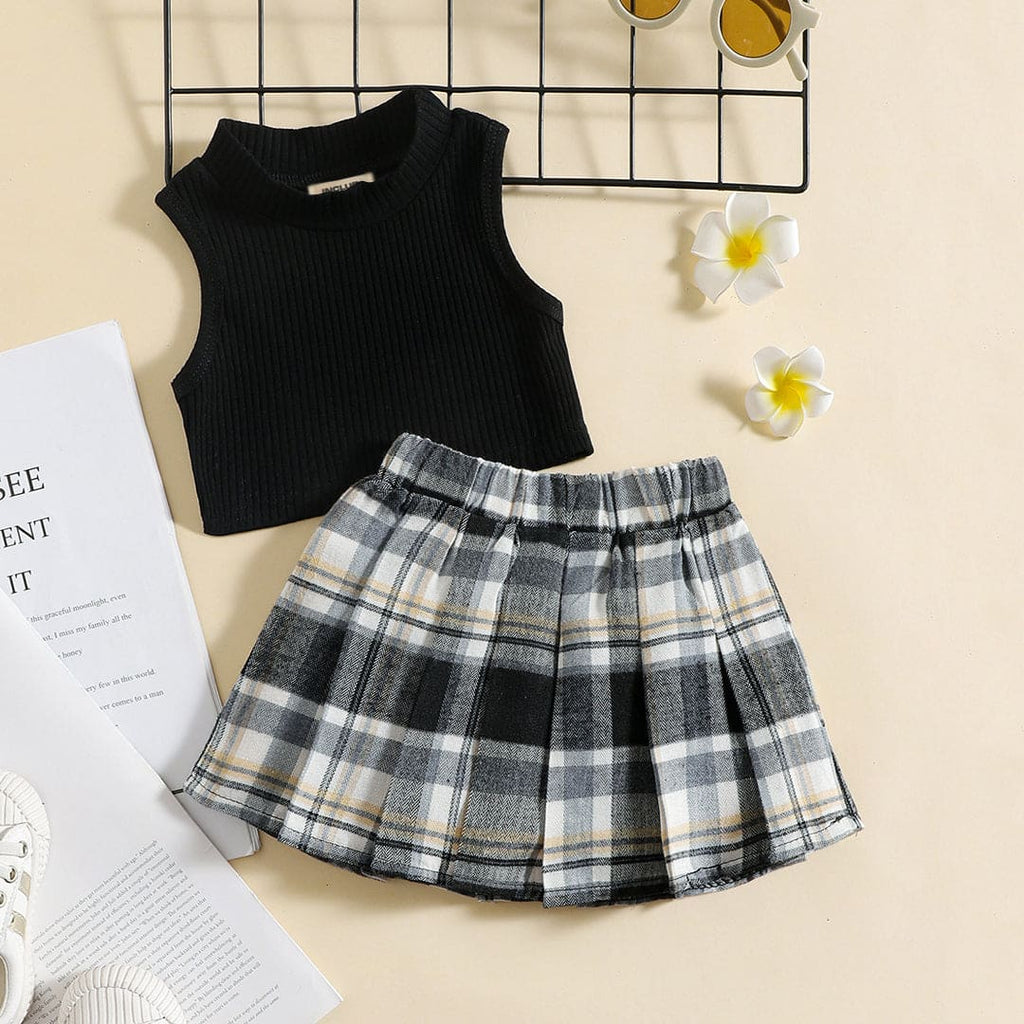 Girls Sleeveless Crop Top With Plaid Pleated Skirt Set