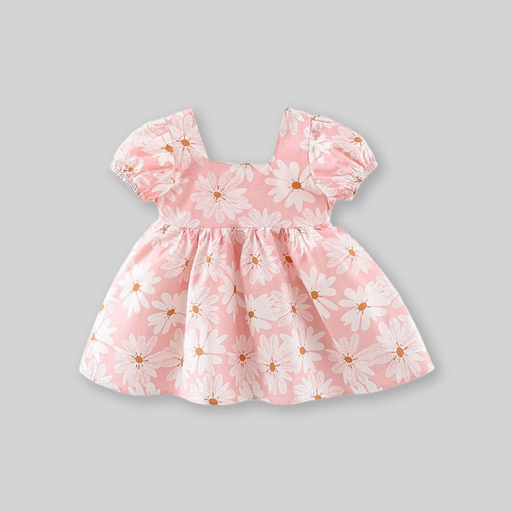 Girls Floral Print Puff Sleeves Dress With Bow Casual Dresses   