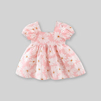 Girls Floral Print Puff Sleeves Dress With Bow Casual Dresses   