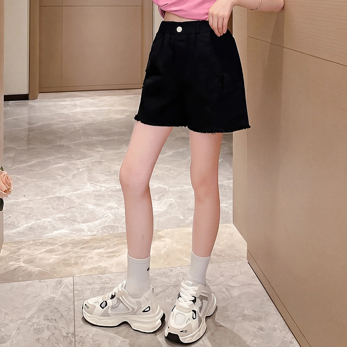 Girls Black Distressed Relaxed Fit Denim Shorts Shorts