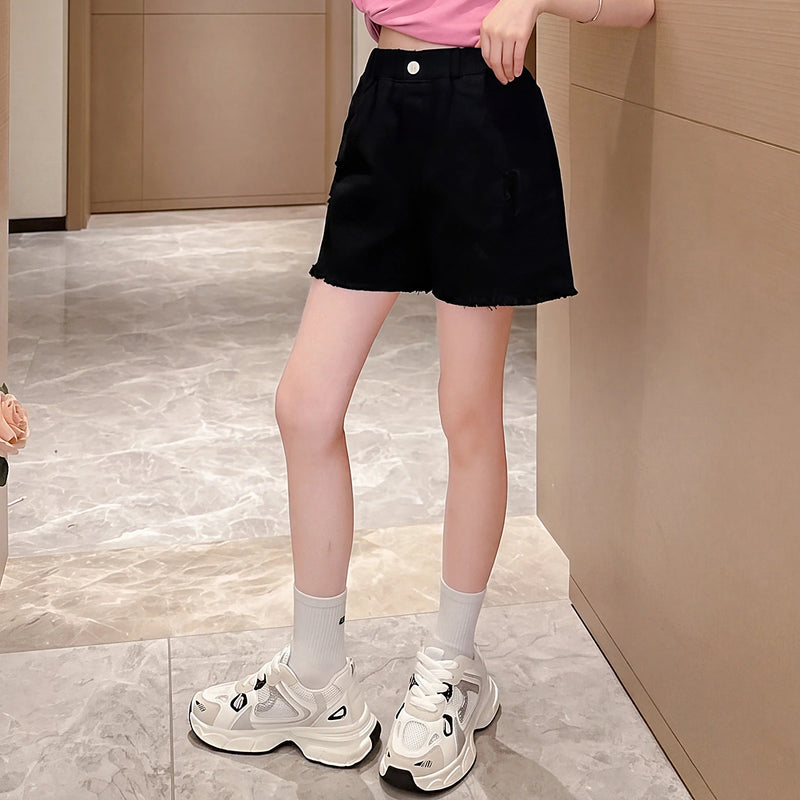 Girls Black Distressed Relaxed Fit Denim Shorts Shorts