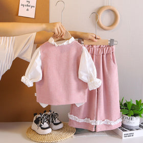 Girls Pink Textured Sleeveless Jacket With Top & Pants Set Sets