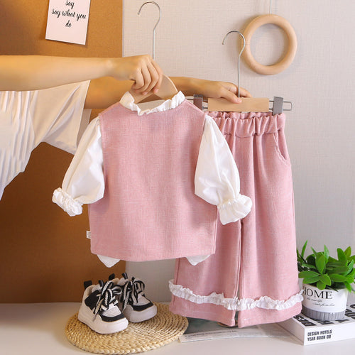 Girls Pink Textured Sleeveless Jacket With Top & Pants Set Sets