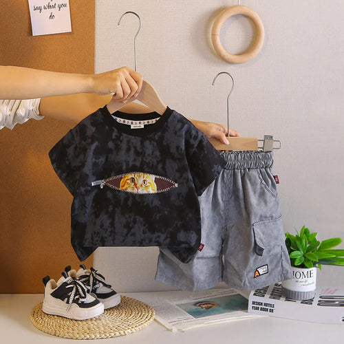 Boys Black Graphics & Tie-dye Printed T-Shirt With Cargo Shorts Sets Sets Black 1-2 Y