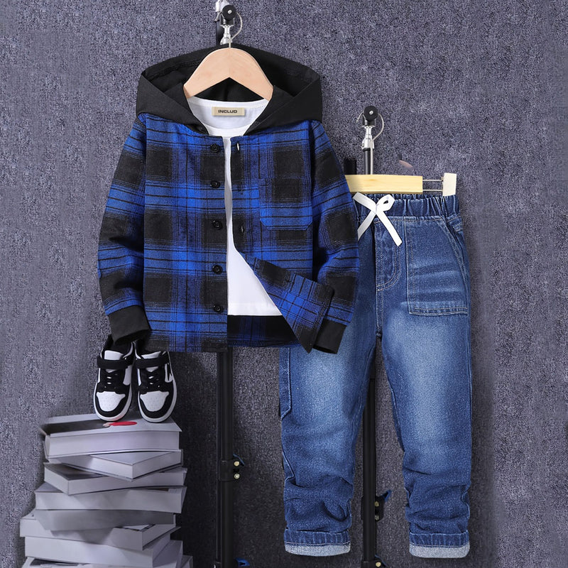 Boys Blue Checked Hooded Shirt With Denim Trousers Sets 2 pc. Sets Blue 3-4 Y