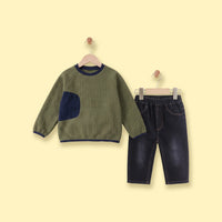Boys Green Textured Sweatshirt With Denim Pants Sets Sets Green 1-2 Y