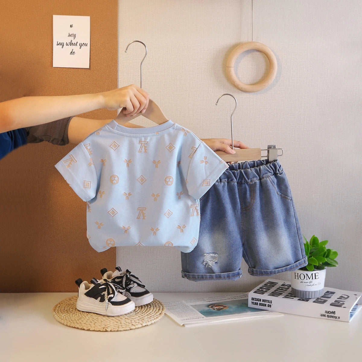 Boys Light Blue Short Sleeve Graphic T-Shirt With Denim Shorts Sets 2 pc. Sets