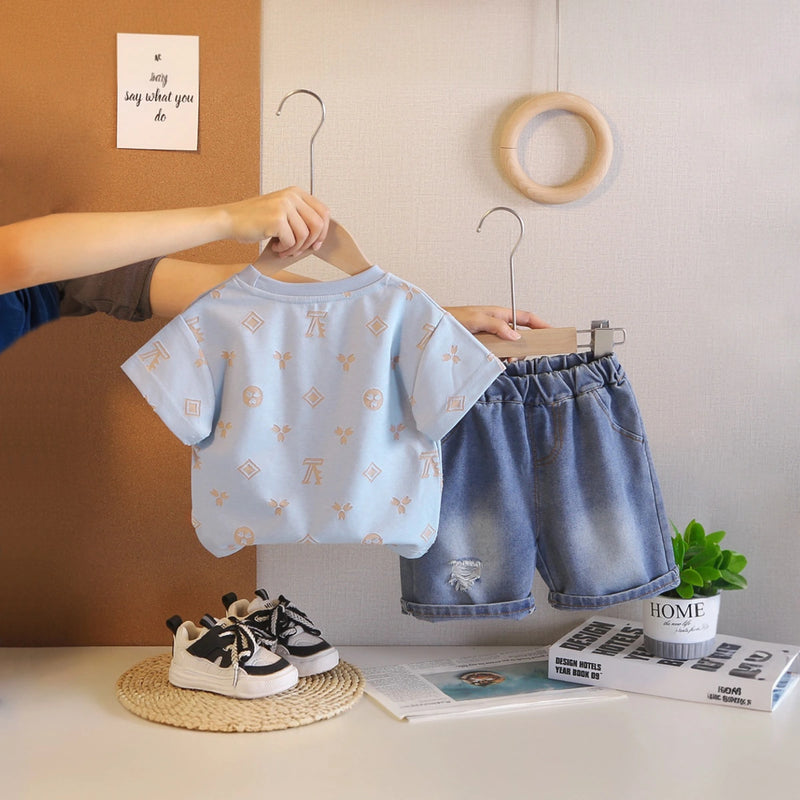 Boys Light Blue Short Sleeve Graphic T-Shirt With Denim Shorts Sets 2 pc. Sets