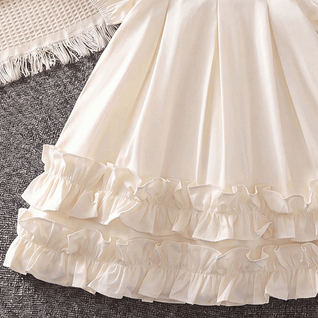Girls Cream High-Neck Frilled Dress with Tiered Ruffle Hem Casual Dresses
