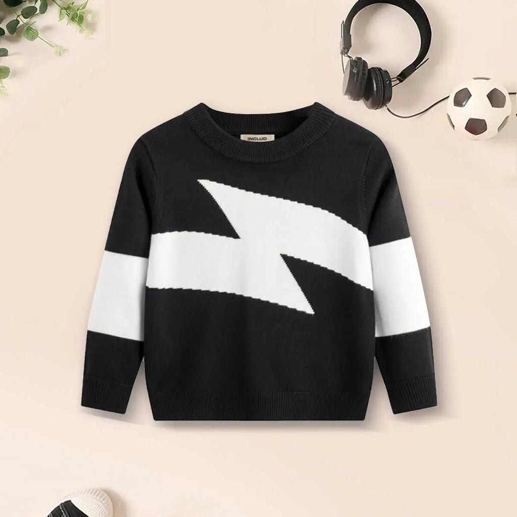 Boys Black Sweater With Self-Design Lightning Patterns Sweaters & Cardigans Black 3-4 Y