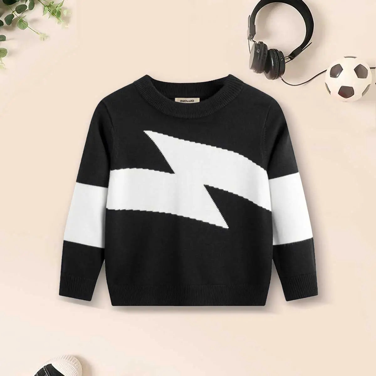 Boys Black Sweater With Self-Design Lightning Patterns Sweaters & Cardigans Black 3-4 Y