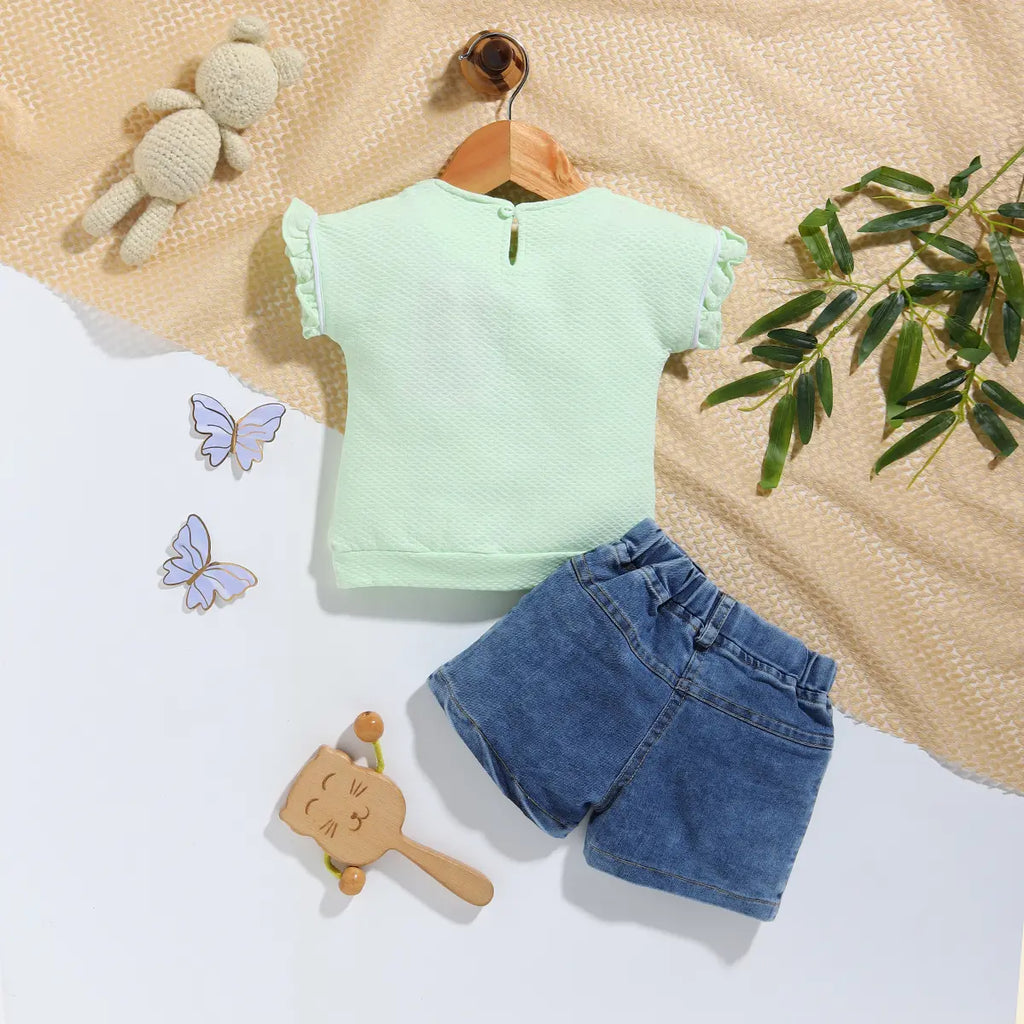 Girls Green Graphics Short Sleeve T-Shirt With Denim Shorts Sets 2 pc. Sets