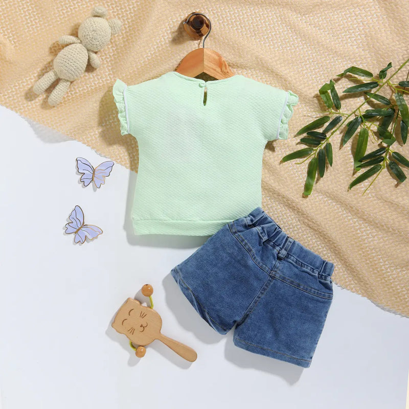 Girls Green Graphics Short Sleeve T-Shirt With Denim Shorts Sets 2 pc. Sets