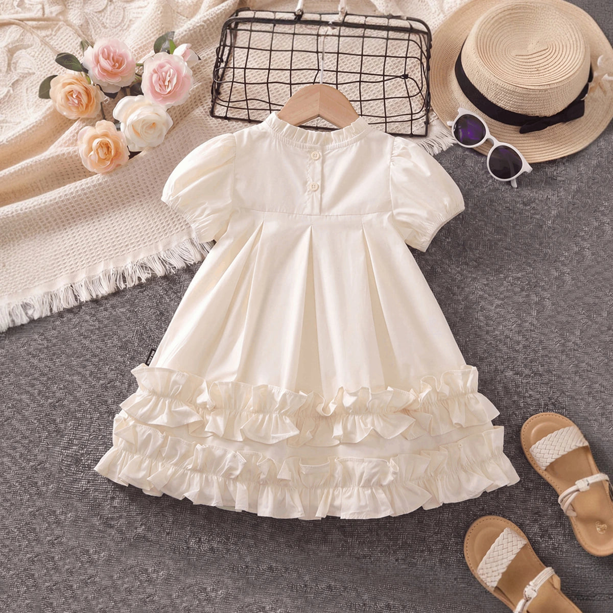 Girls Cream High-Neck Frilled Dress with Tiered Ruffle Hem Casual Dresses