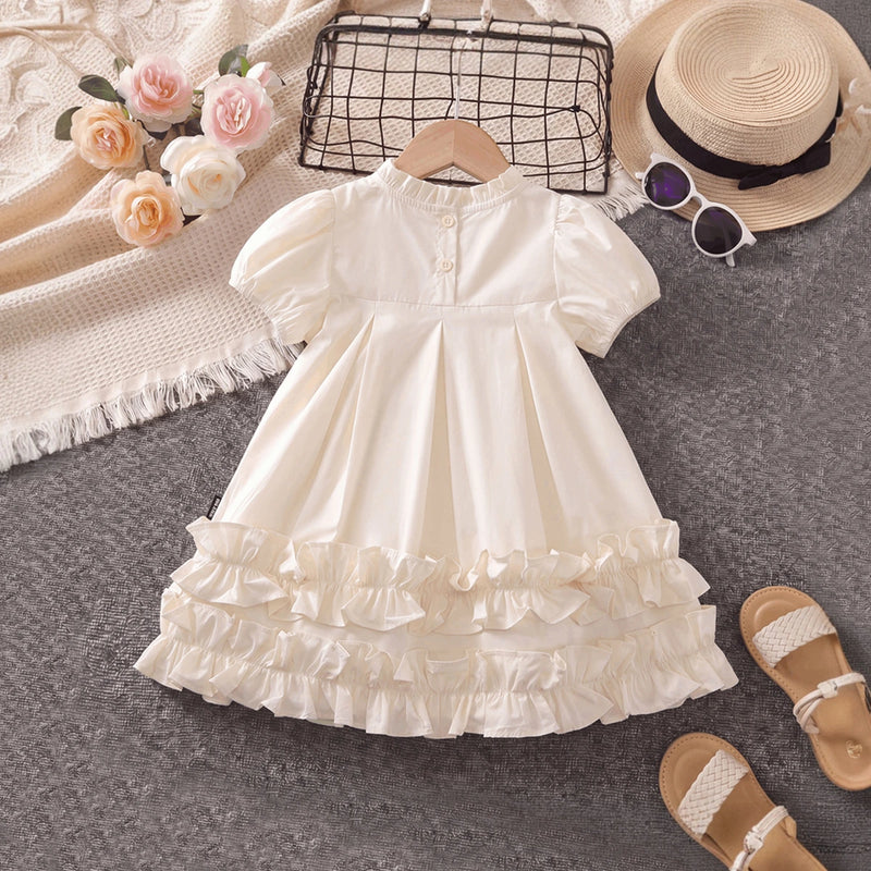 Girls Cream High-Neck Frilled Dress with Tiered Ruffle Hem Casual Dresses