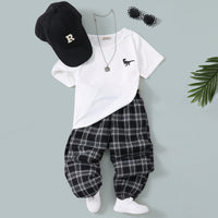 Boys White Dinosaur Printed T-Shirt With Checked Pants Set 2 pc. Sets White 3-4 Y