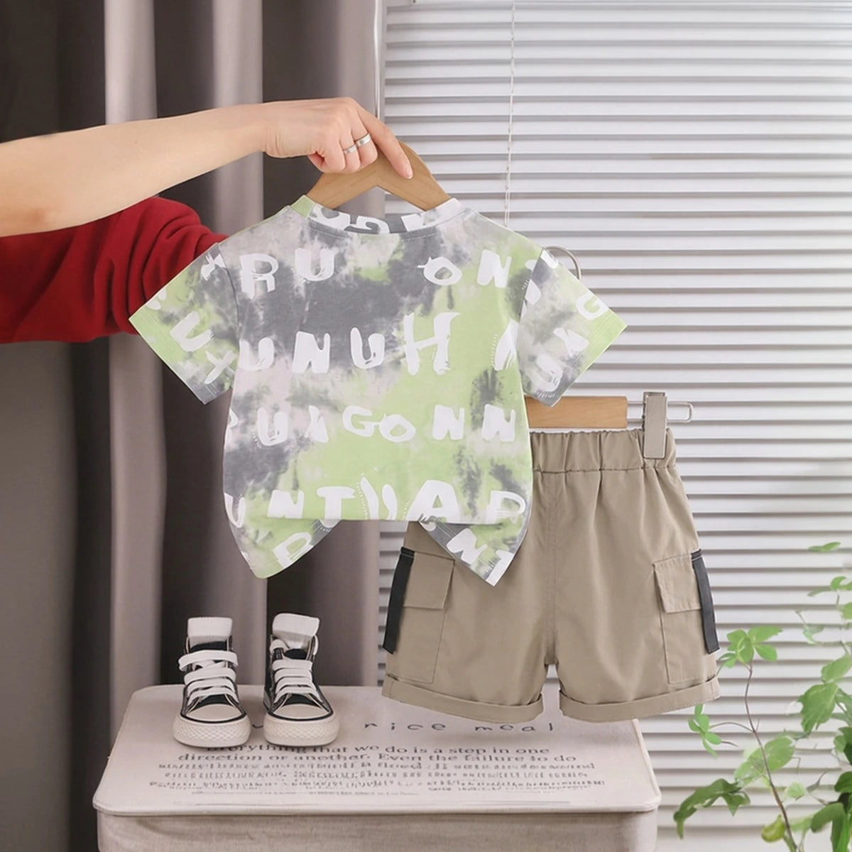 Boys Light Green Typographic Printed Short Sleeve T-Shirt With Elasticated Shorts Sets 2 pc. Sets