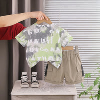 Boys Light Green Typographic Printed Short Sleeve T-Shirt With Elasticated Shorts Sets 2 pc. Sets