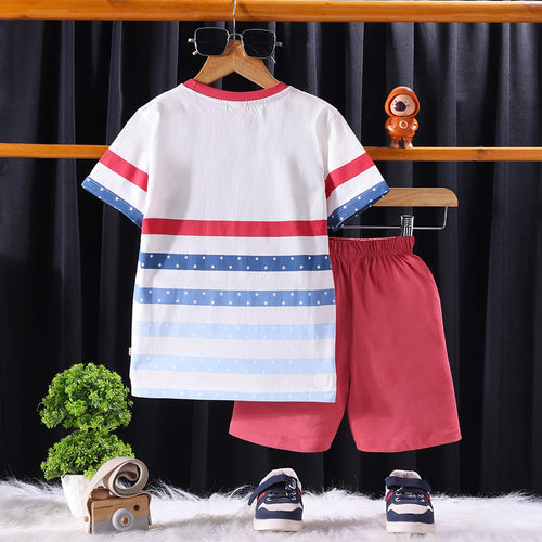 Boys White Cartoon Graphic Stripes T-Shirt With Elasticated Shorts Sets Sets