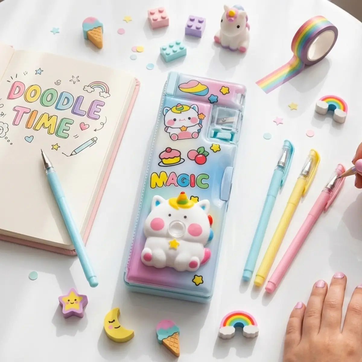 Unicorn Cat Cartoon Magnetic Pencil Box with Sharpener Cute Kids Stationery Organizer Trending Accessories