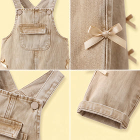 Girls Khaki Denim Bow Applique Dungaree Jumpsuits