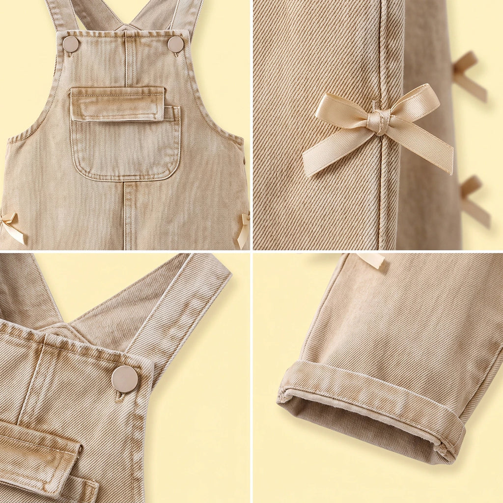 Girls Khaki Denim Bow Applique Dungaree Jumpsuits