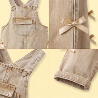 Girls Khaki Denim Bow Applique Dungaree Jumpsuits