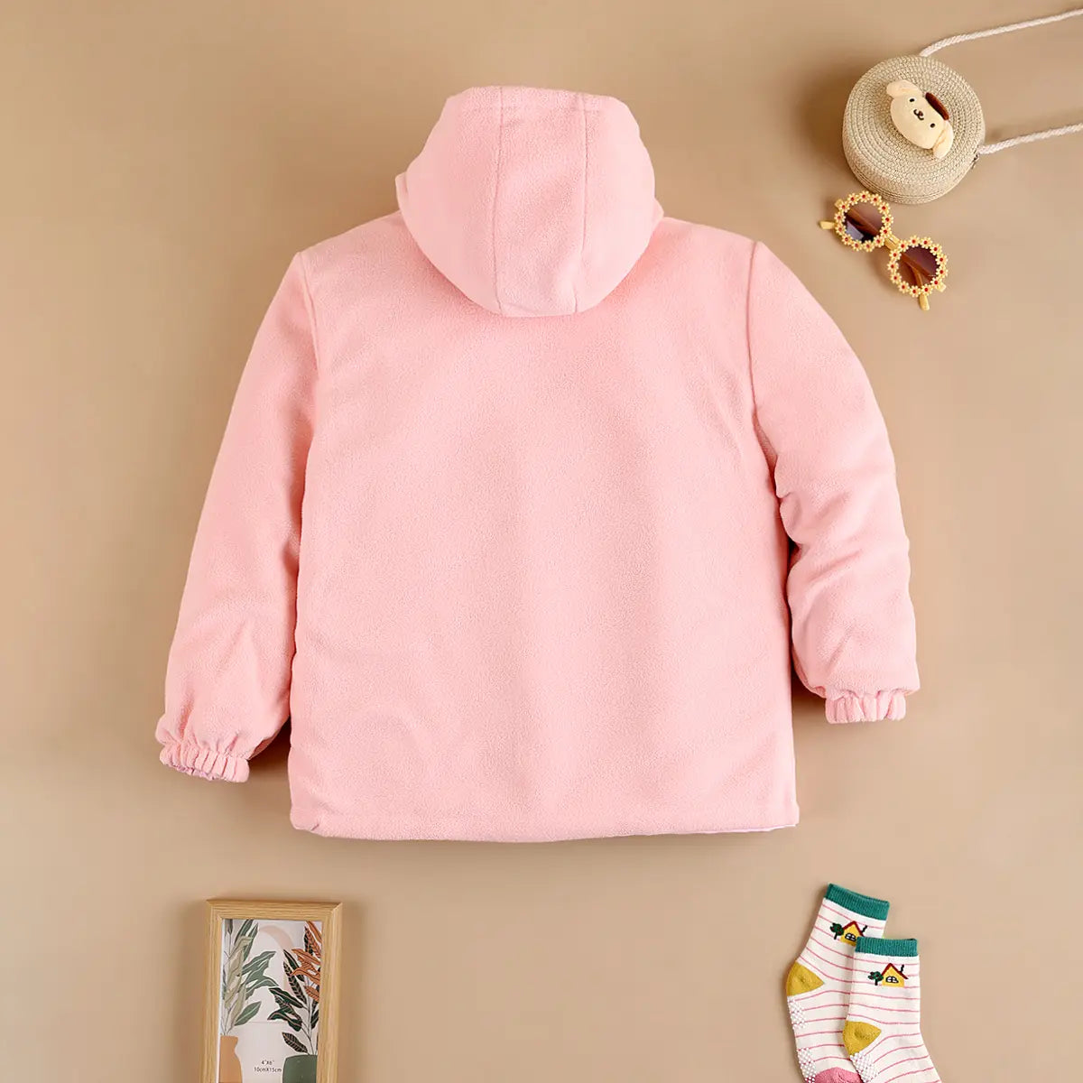 Girls Pink Heart Printed Reversible Hooded Zipper Jacket Coats & Jackets