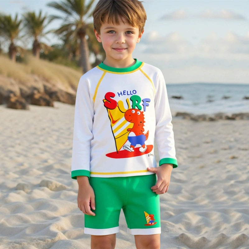 Boys Dinosaur Cartoon Print T-Shirt With Green Shorts Swimwear Sets Sets