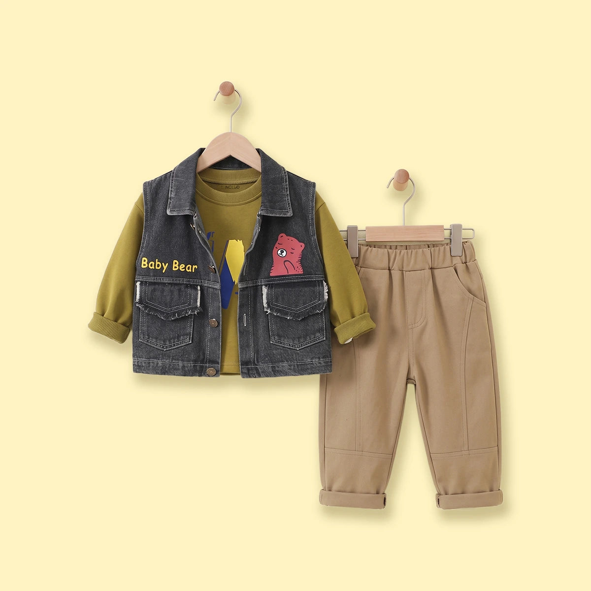 Boys Dark Grey Denim Graphic Sleeveless Jacket With Sweatshirt& Pants Sets Sets Dark Grey 1-2 Y