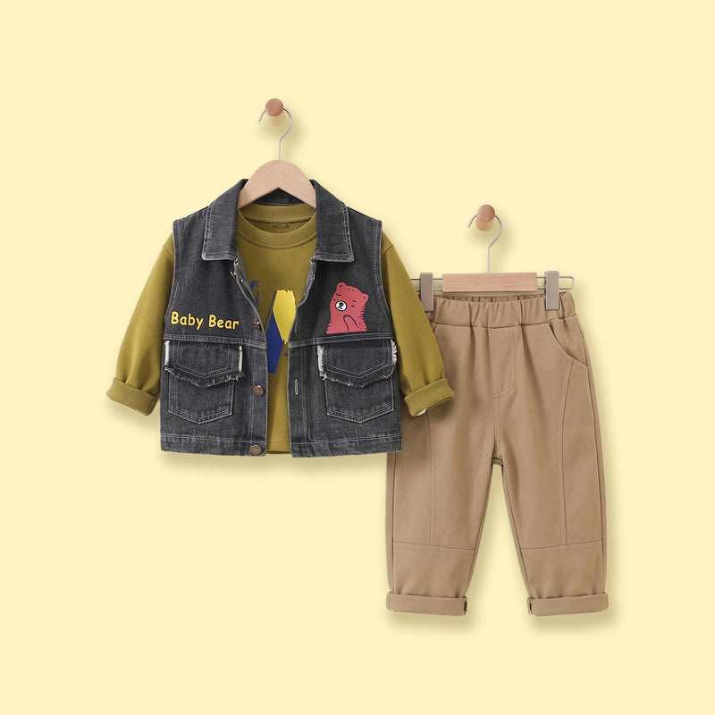 Boys Dark Grey Denim Graphic Sleeveless Jacket With Sweatshirt& Pants Sets Sets Dark Grey 1-2 Y